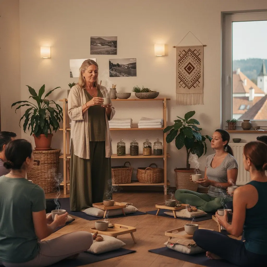 Ručne vyrobené čajové šálky s čerstvými bylinkami na stole pri západe slnka