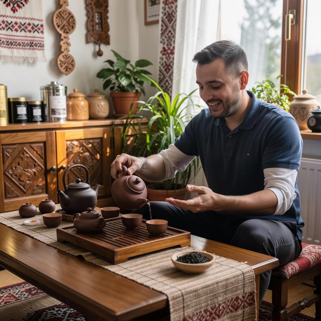 Pohľad na čajovník s teplou vodou a čerstvými bylinkami na stole.